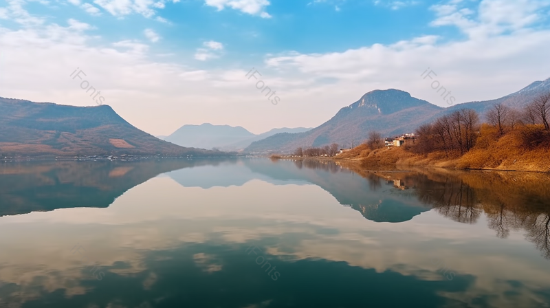 清澈的蓝天映衬下的湖景,高清,摄影图,摄影图片,图片大全,摄影图免费下载
